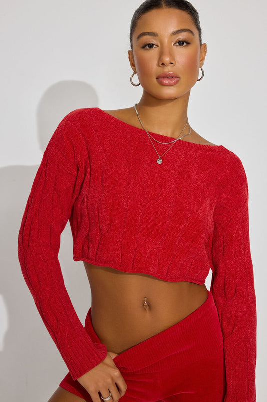 Cropped Cable Crewneck Sweater Red Garage Clothing Women