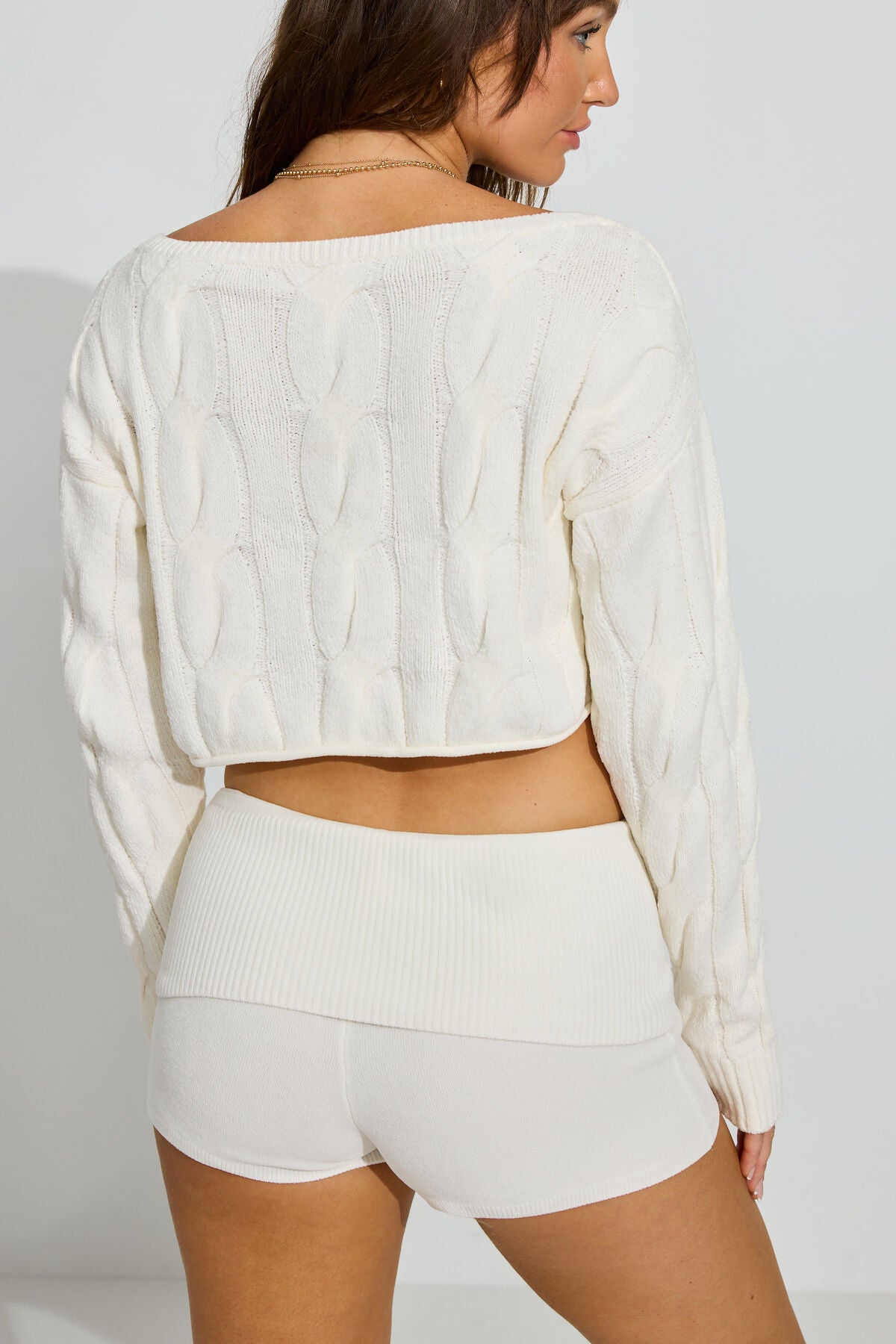 Cropped Cable Crewneck Sweater Beige Garage Clothing Women