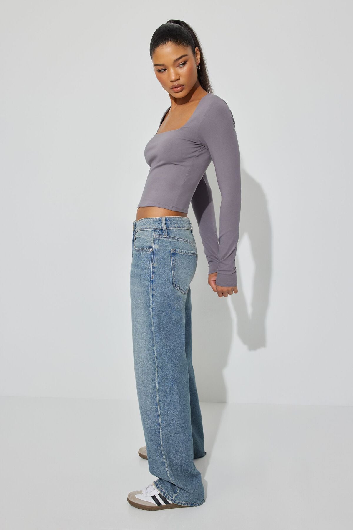 Portia Square Neck Long Sleeve Top Gray Garage Clothing Women
