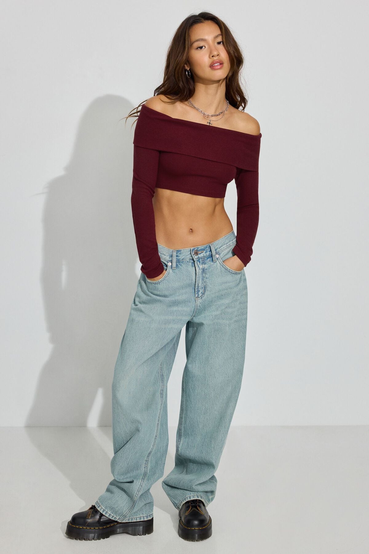 Kayla Foldover Off Shoulder Top Burgundy Garage Clothing Women