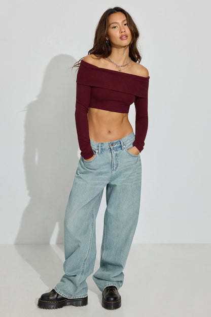 Kayla Foldover Off Shoulder Top Burgundy Garage Clothing Women