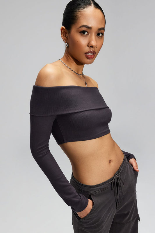 Kayla Foldover Off Shoulder Top Gray Garage Clothing Women