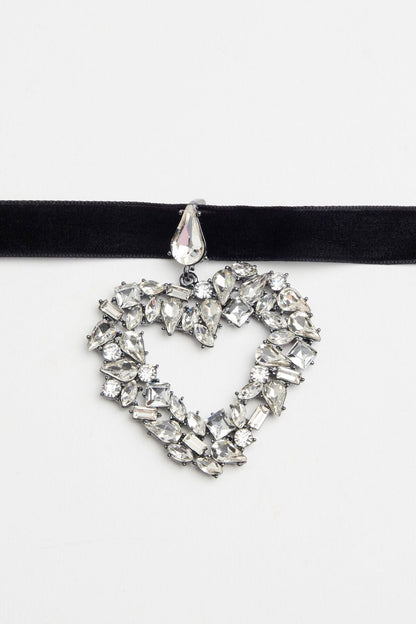 Oversized Gemmed Heart Ribbon Necklace Black Garage Clothing Women