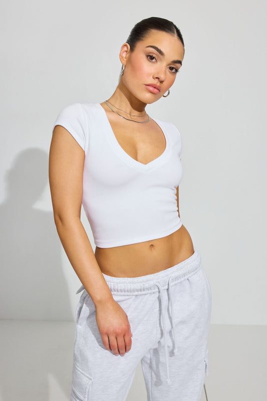V Neck Ribbed Tee WHITE Garage Clothing Women