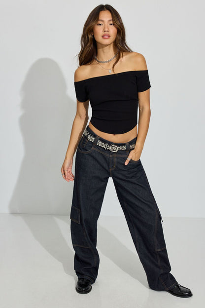 Off Shoulder Short Sleeve Top Black Garage Clothing Women