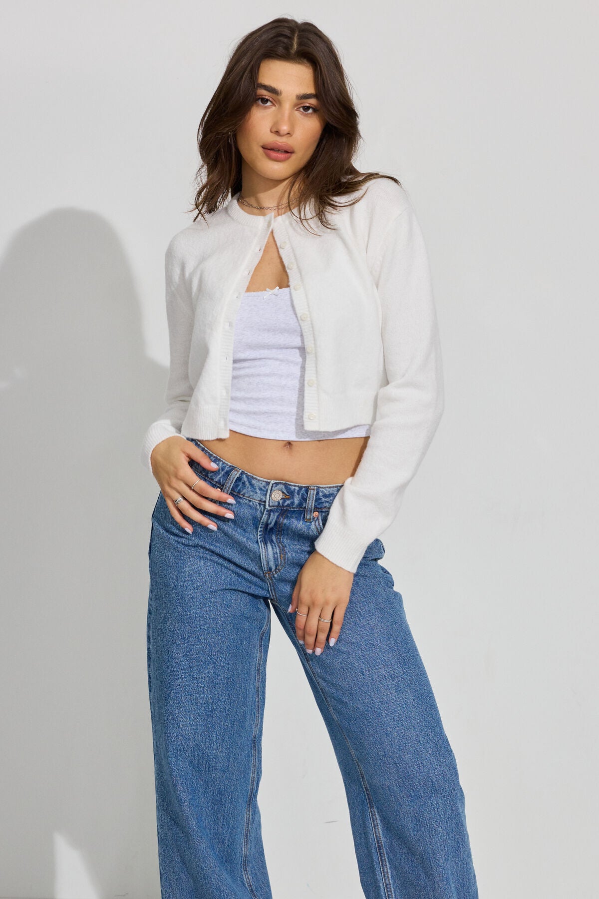 Spongy Button Up Cardigan White Garage Clothing Women
