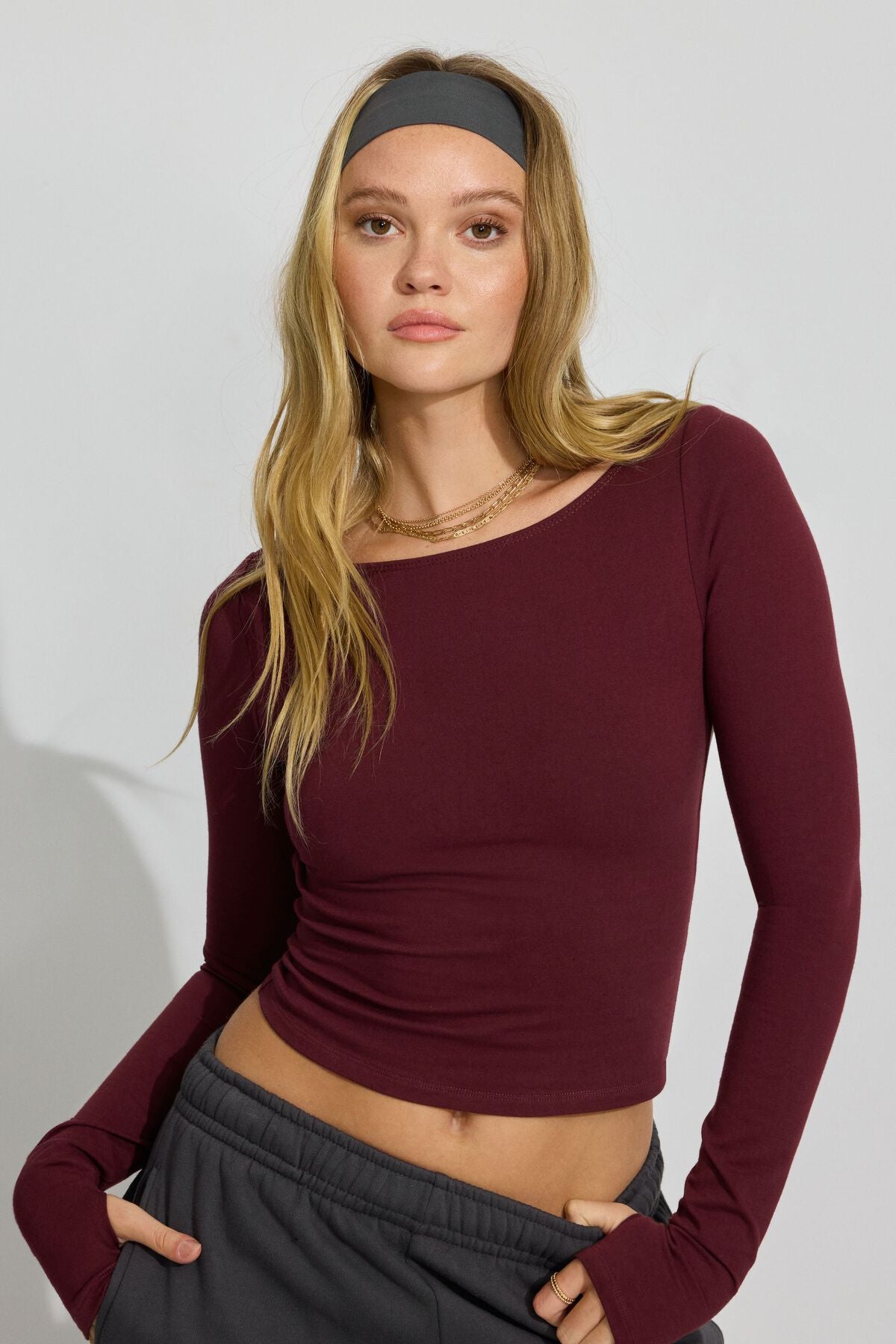 Open Back Long Sleeve Top Burgundy Garage Clothing Women