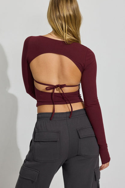 Open Back Long Sleeve Top Burgundy Garage Clothing Women