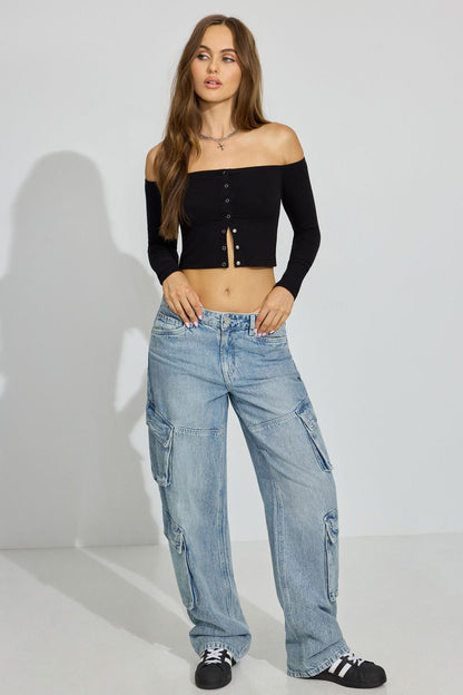 Off Shoulder Snap Front Top Black Garage Clothing Women