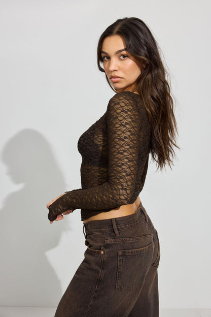 Lace Boatneck Long Sleeve Top Brown Garage Clothing Women