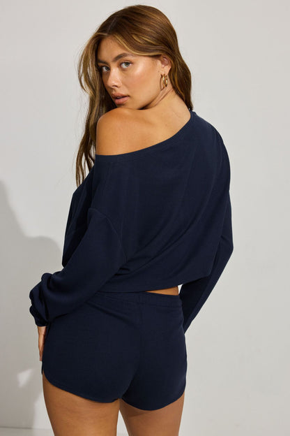 Waffle Off Shoulder Top Navy Garage Clothing Women