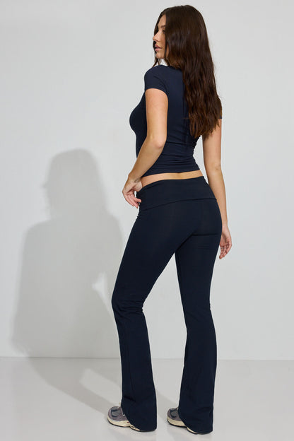 Soft Cotton Fold Over Flare Pants Navy Garage Clothing Women