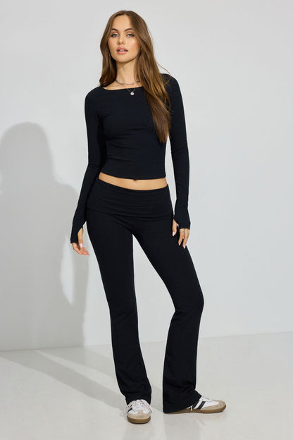 Soft Cotton Fold Over Flare Pants Black Garage Clothing Women