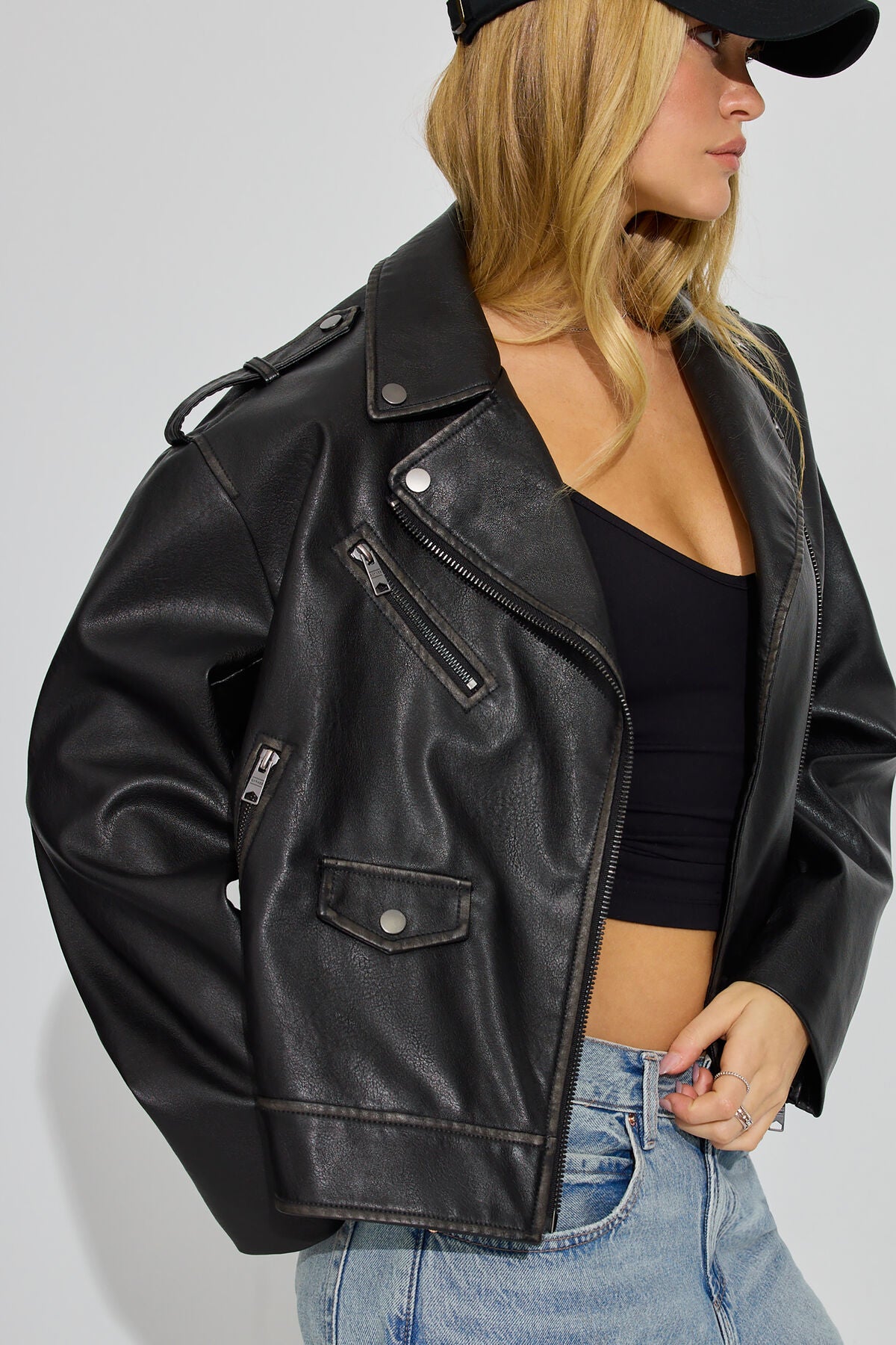 Washed Faux Leather Biker Jacket Black Garage Clothing Women