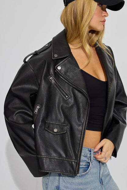 Washed Faux Leather Biker Jacket Black Garage Clothing Women