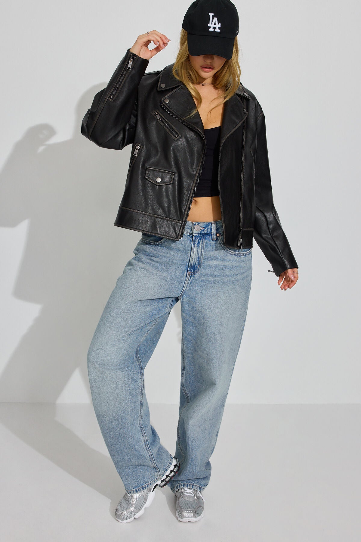Washed Faux Leather Biker Jacket Black Garage Clothing Women