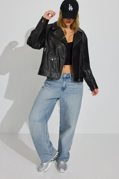 Washed Faux Leather Biker Jacket Black Garage Clothing Women