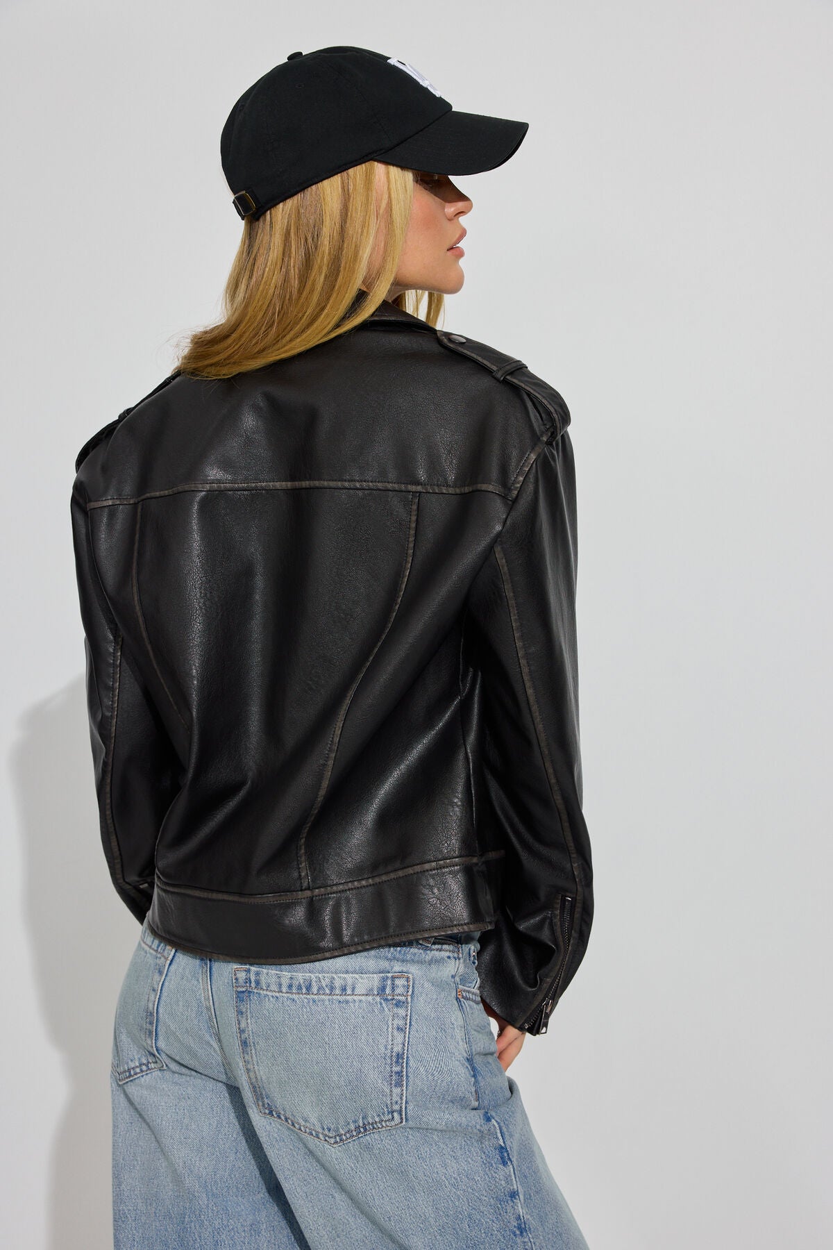 Washed Faux Leather Biker Jacket Black Garage Clothing Women