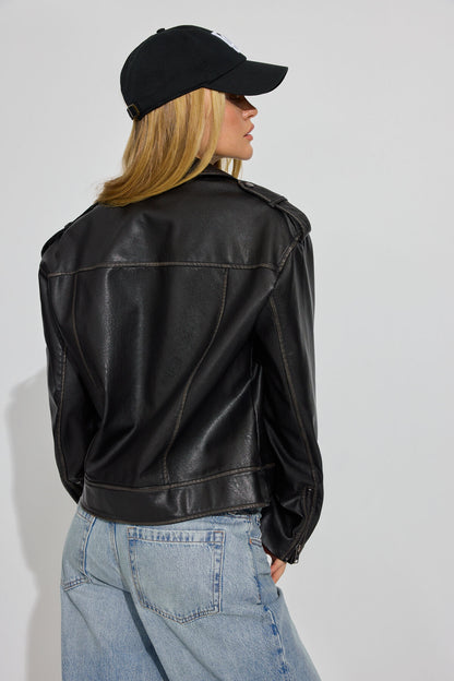 Washed Faux Leather Biker Jacket Black Garage Clothing Women