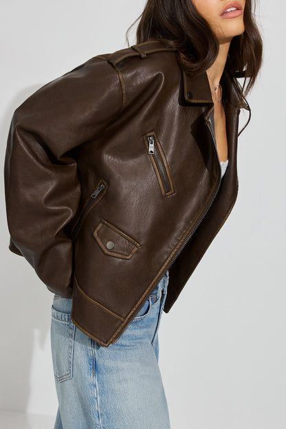 Washed Faux Leather Biker Jacket Brown Garage Clothing Women