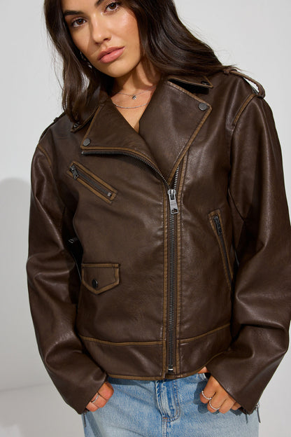 Washed Faux Leather Biker Jacket Brown Garage Clothing Women