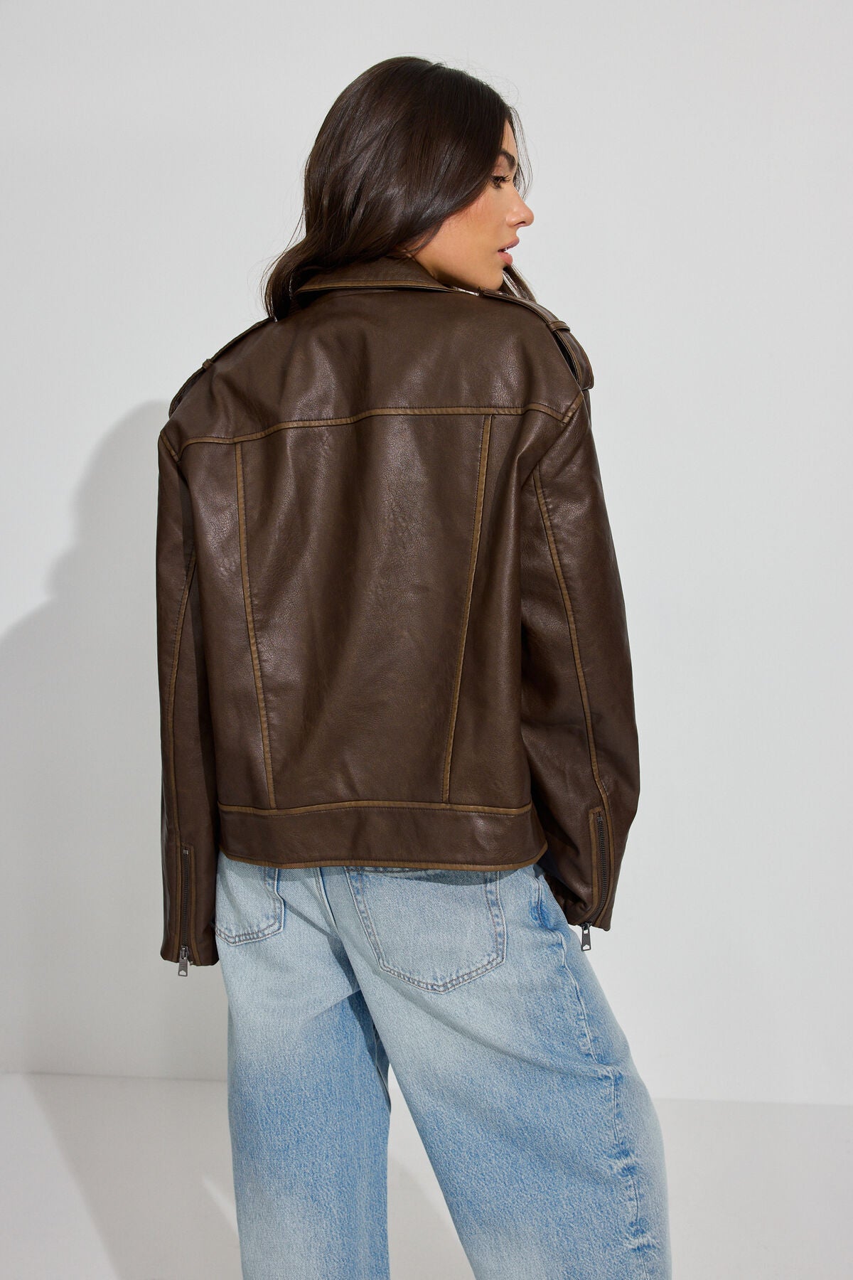 Washed Faux Leather Biker Jacket Brown Garage Clothing Women