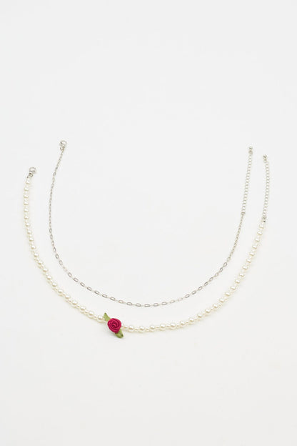 Set of 2 Rosette & Pearl Necklace White Garage Clothing Women