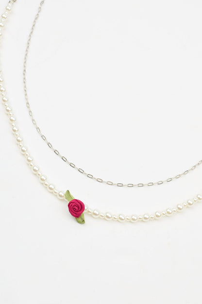 Set of 2 Rosette & Pearl Necklace White Garage Clothing Women