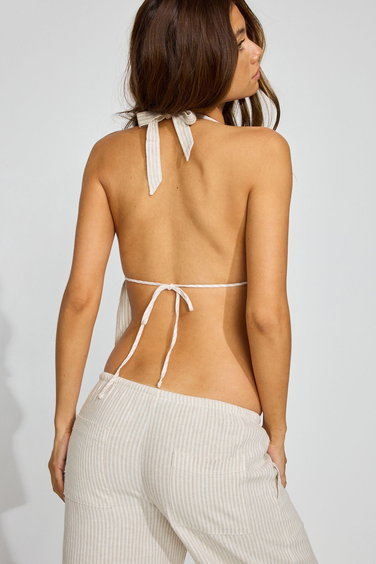 Linen Tie Back Halter Top Beige Garage Clothing Women