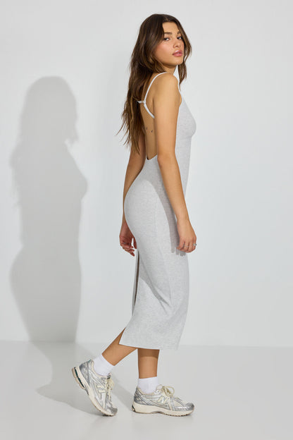 V Neck Open Back Maxi Dress Gray Garage Clothing Women