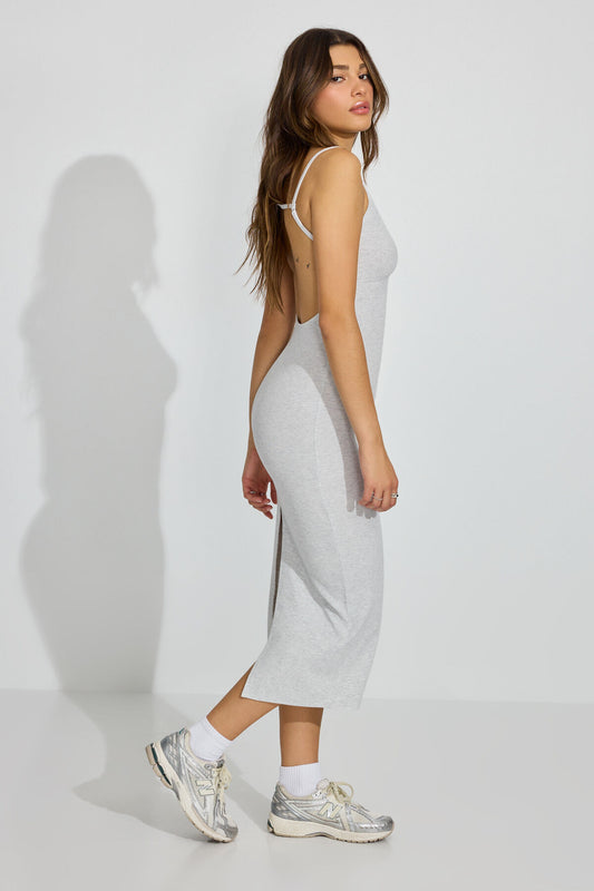 V Neck Open Back Maxi Dress Gray Garage Clothing Women