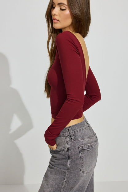 Sleek Boat Neck Long Sleeve Top Burgundy Garage Clothing Women