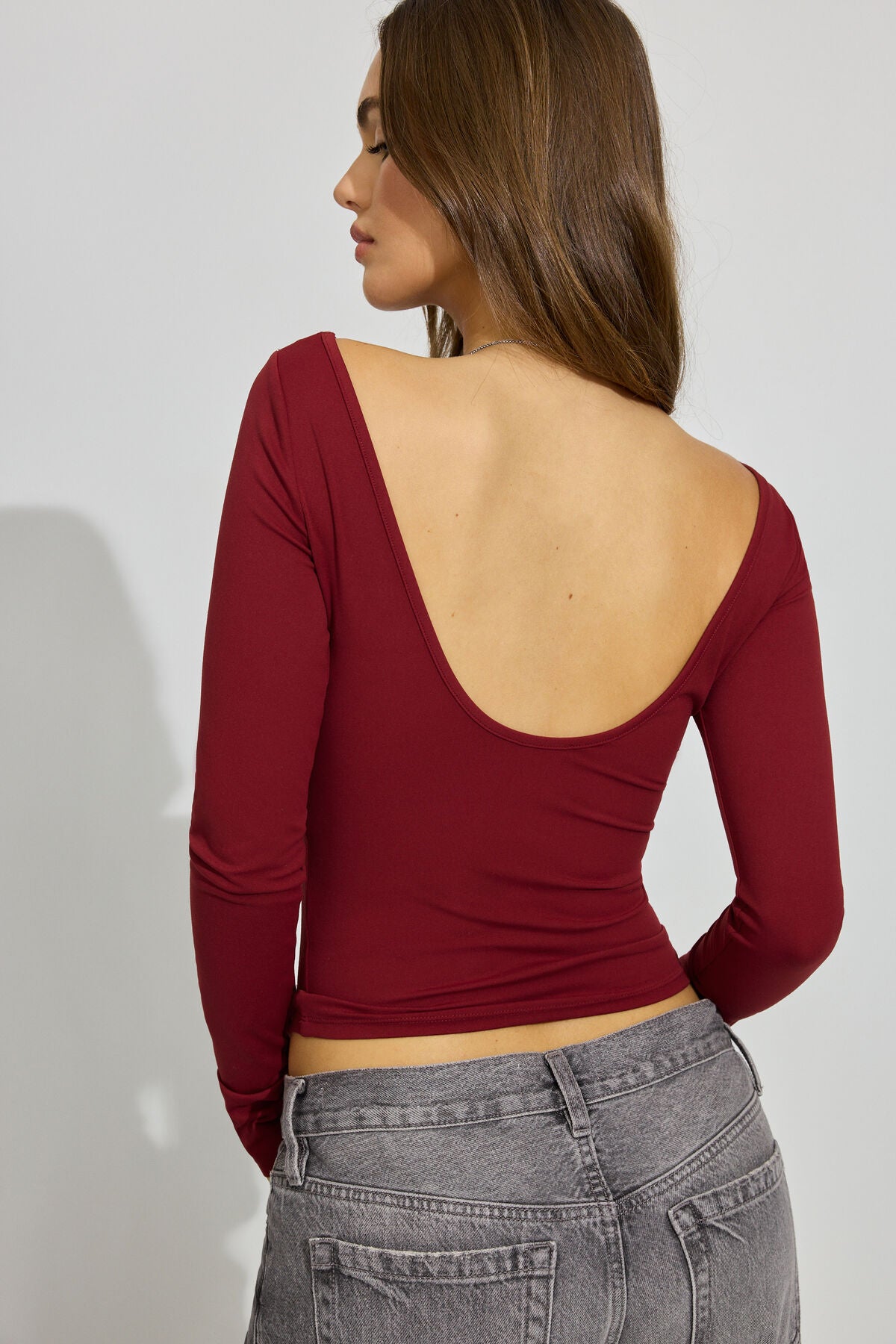 Sleek Boat Neck Long Sleeve Top Burgundy Garage Clothing Women