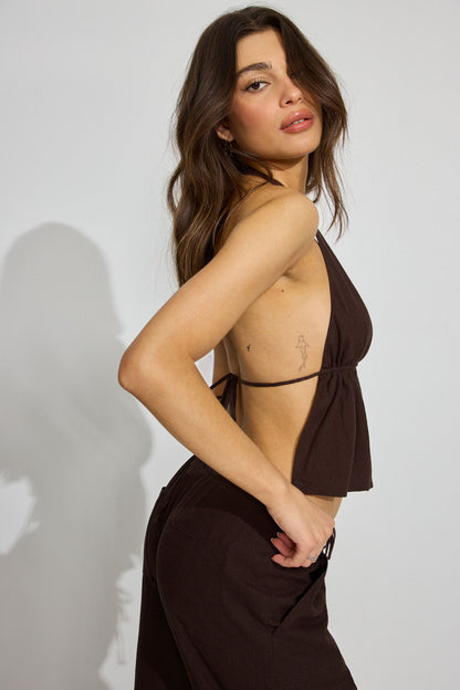 Linen Tie Back Halter Top Brown Garage Clothing Women
