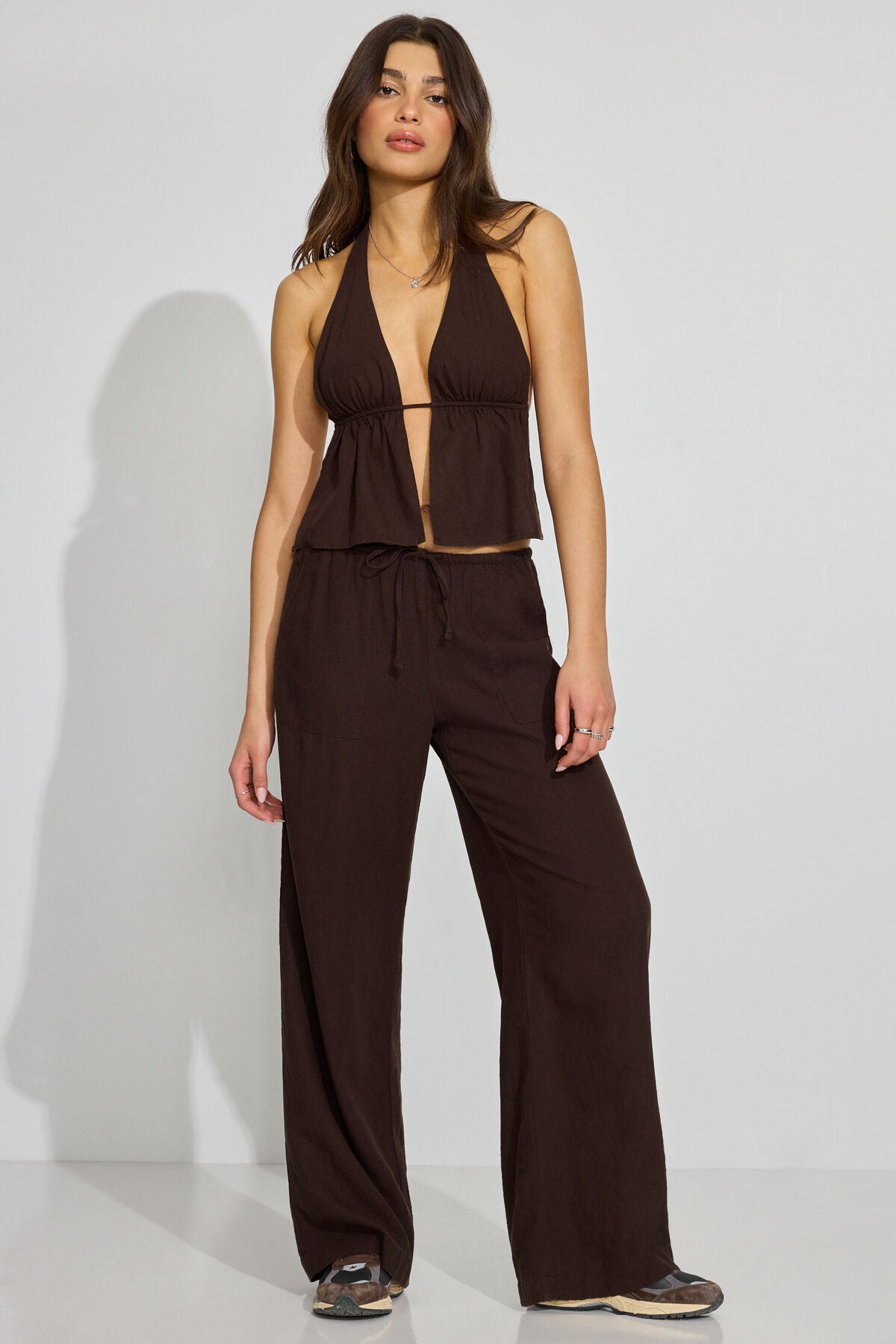 Linen Tie Back Halter Top Brown Garage Clothing Women