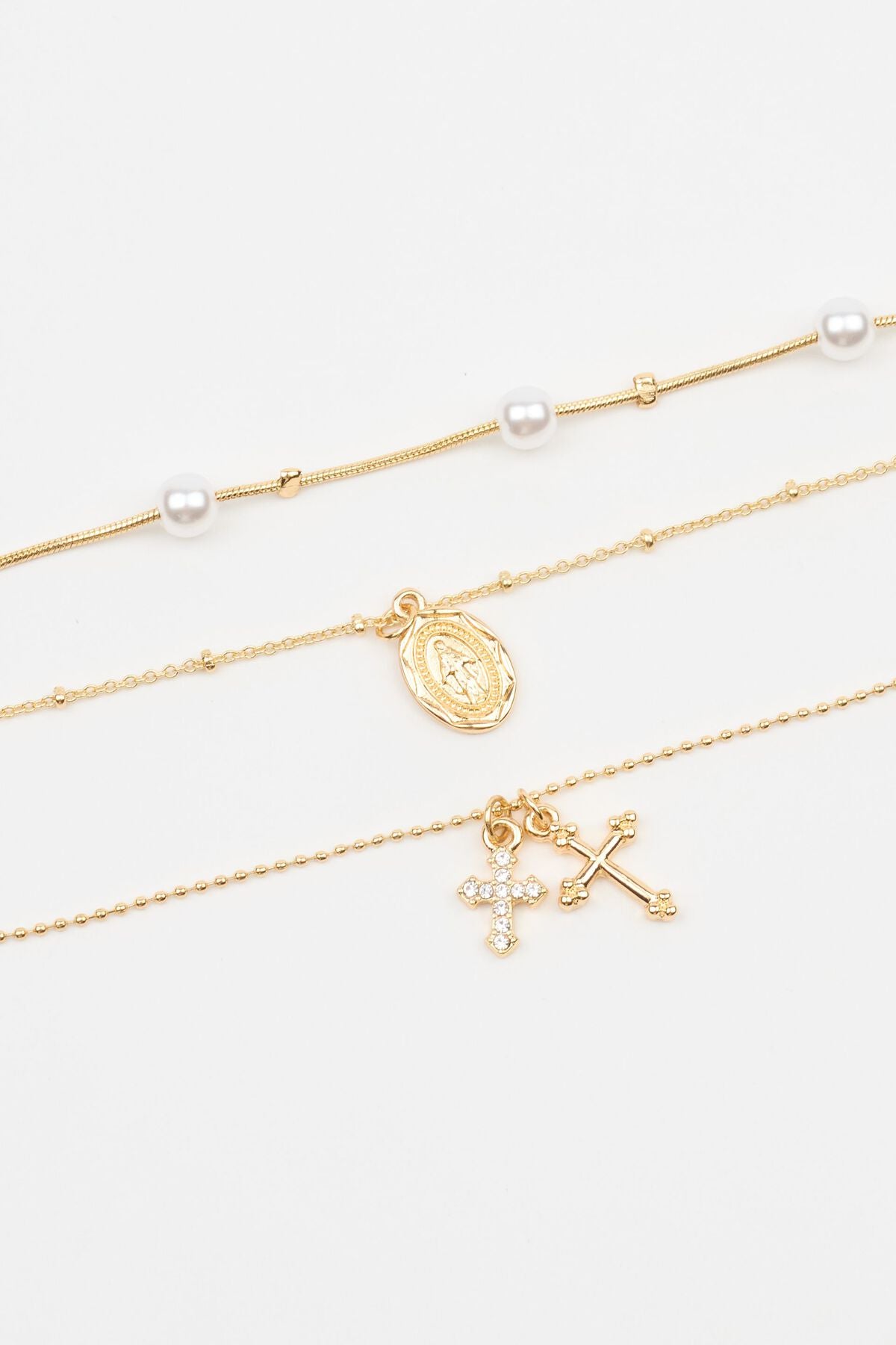 Set of 3 Pearl, Cross, and Pendant Necklaces White Garage Clothing Women