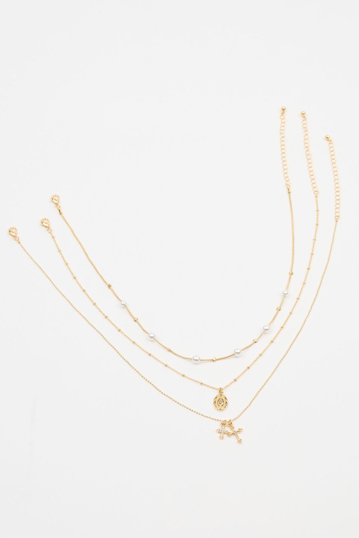 Set of 3 Pearl, Cross, and Pendant Necklaces White Garage Clothing Women