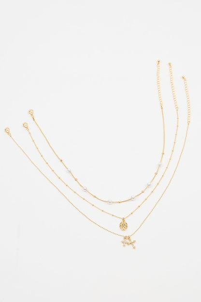Set of 3 Pearl, Cross, and Pendant Necklaces White Garage Clothing Women