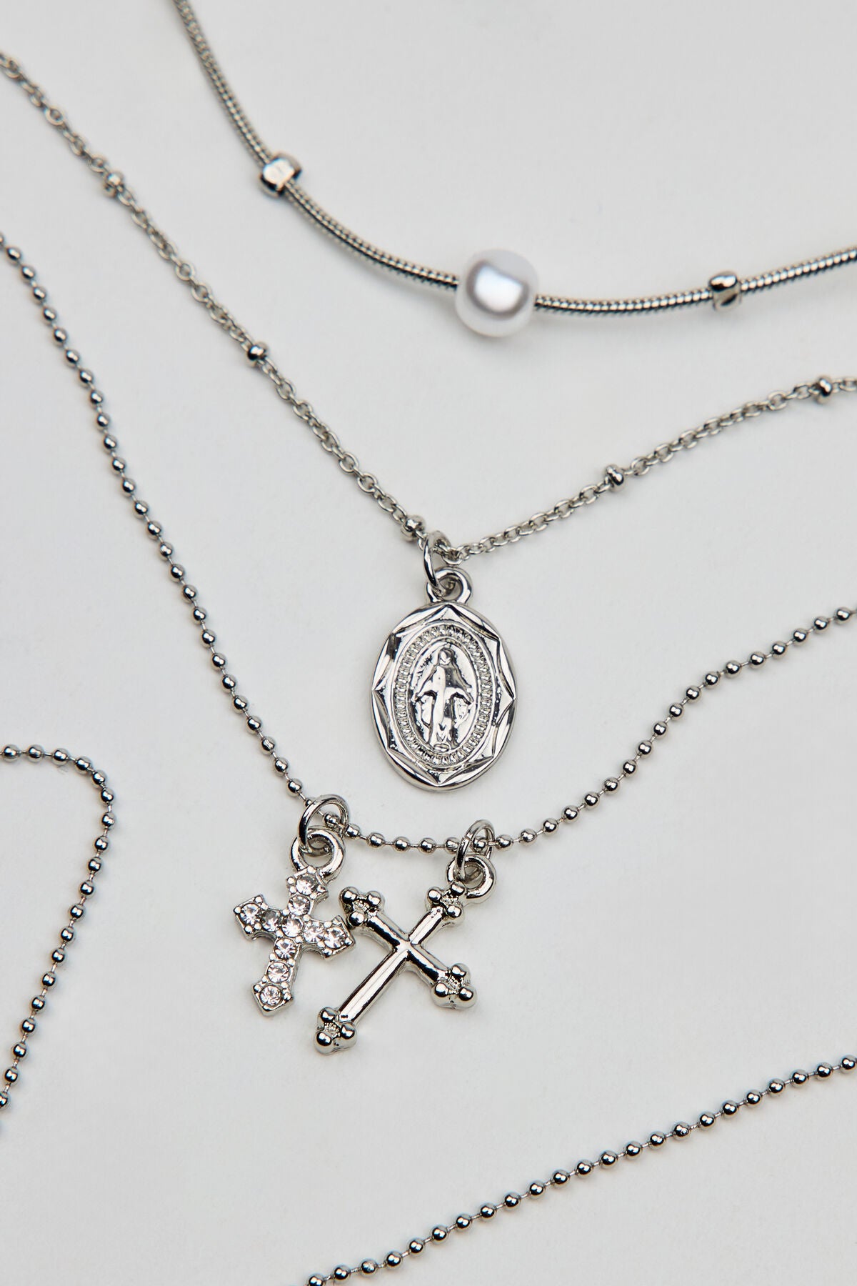 Set of 3 Pearl, Cross, and Pendant Necklaces Gray Garage Clothing Women