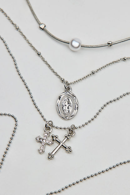Set of 3 Pearl, Cross, and Pendant Necklaces Gray Garage Clothing Women