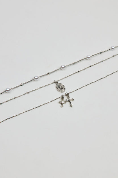 Set of 3 Pearl, Cross, and Pendant Necklaces Gray Garage Clothing Women
