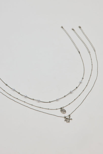 Set of 3 Pearl, Cross, and Pendant Necklaces Gray Garage Clothing Women