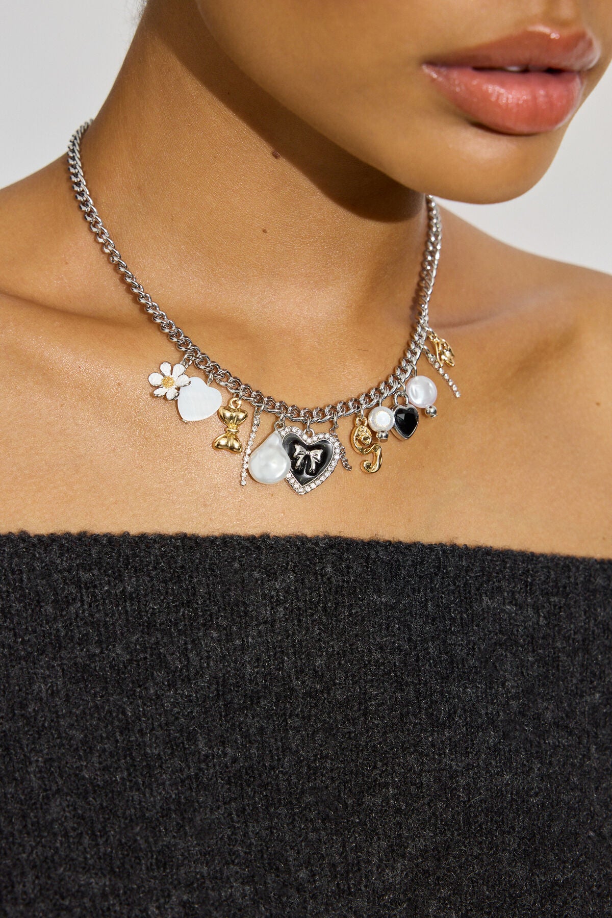 Vintage Hearts & Pearls Charm Necklace Gray Garage Clothing Women