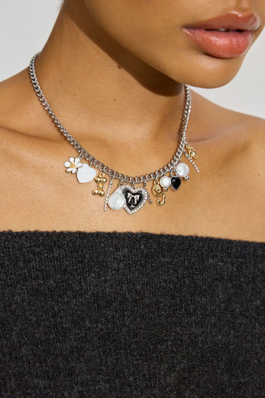 Vintage Hearts & Pearls Charm Necklace Gray Garage Clothing Women