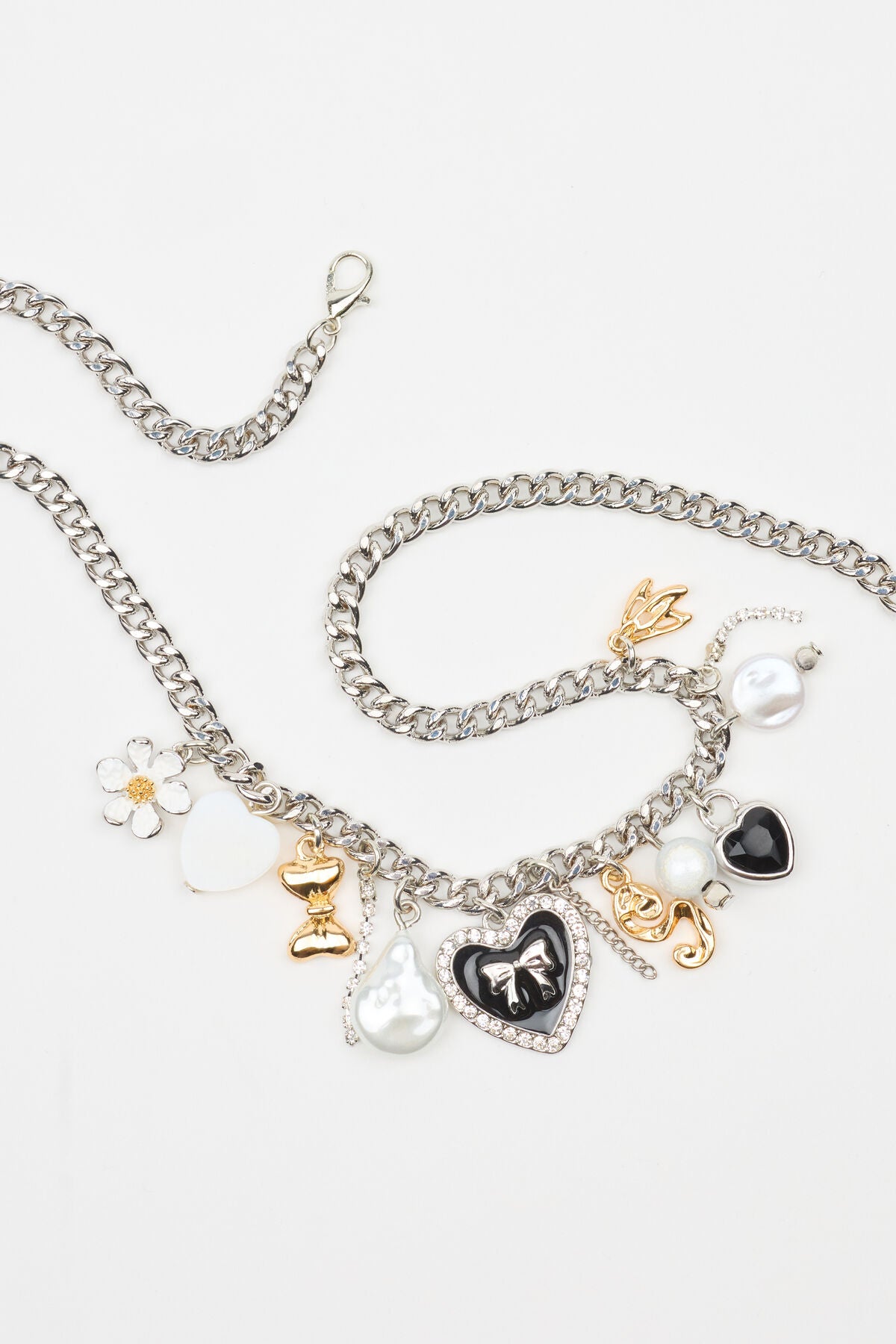 Vintage Hearts & Pearls Charm Necklace Gray Garage Clothing Women