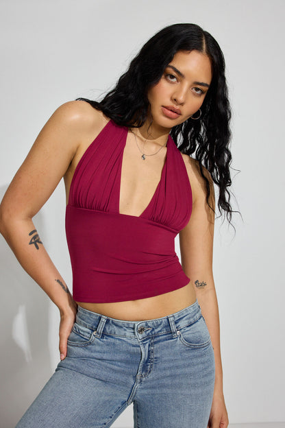 Pixie Plunge Halter Top Burgundy Garage Clothing Women
