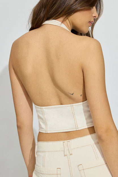 Buckled Denim Halter Top Beige Garage Clothing Women