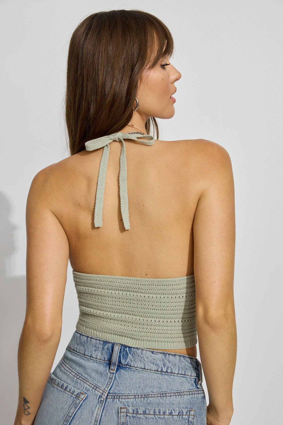 Plunge Neckline Crochet Halter Top Green Garage Clothing Women