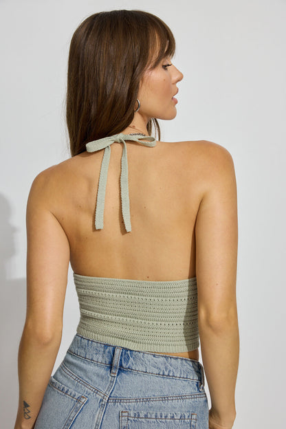 Plunge Neckline Crochet Halter Top Green Garage Clothing Women