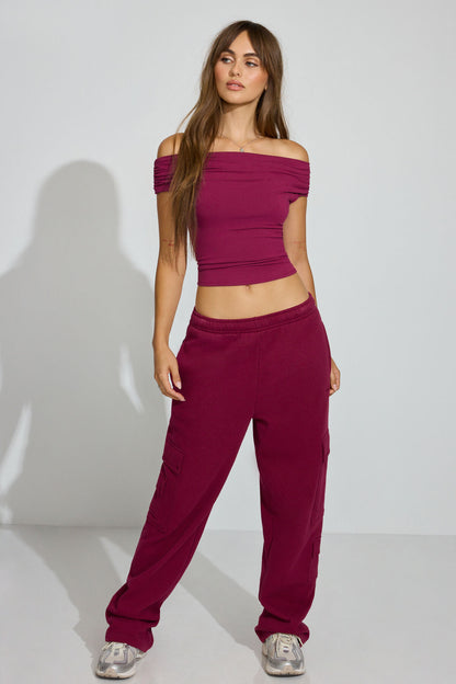 Fluid Off Shoulder Top Burgundy Garage Clothing Women